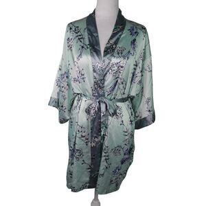 Victoria's Secret blue floral satin robe with tie & pockets Kimono style sleeves